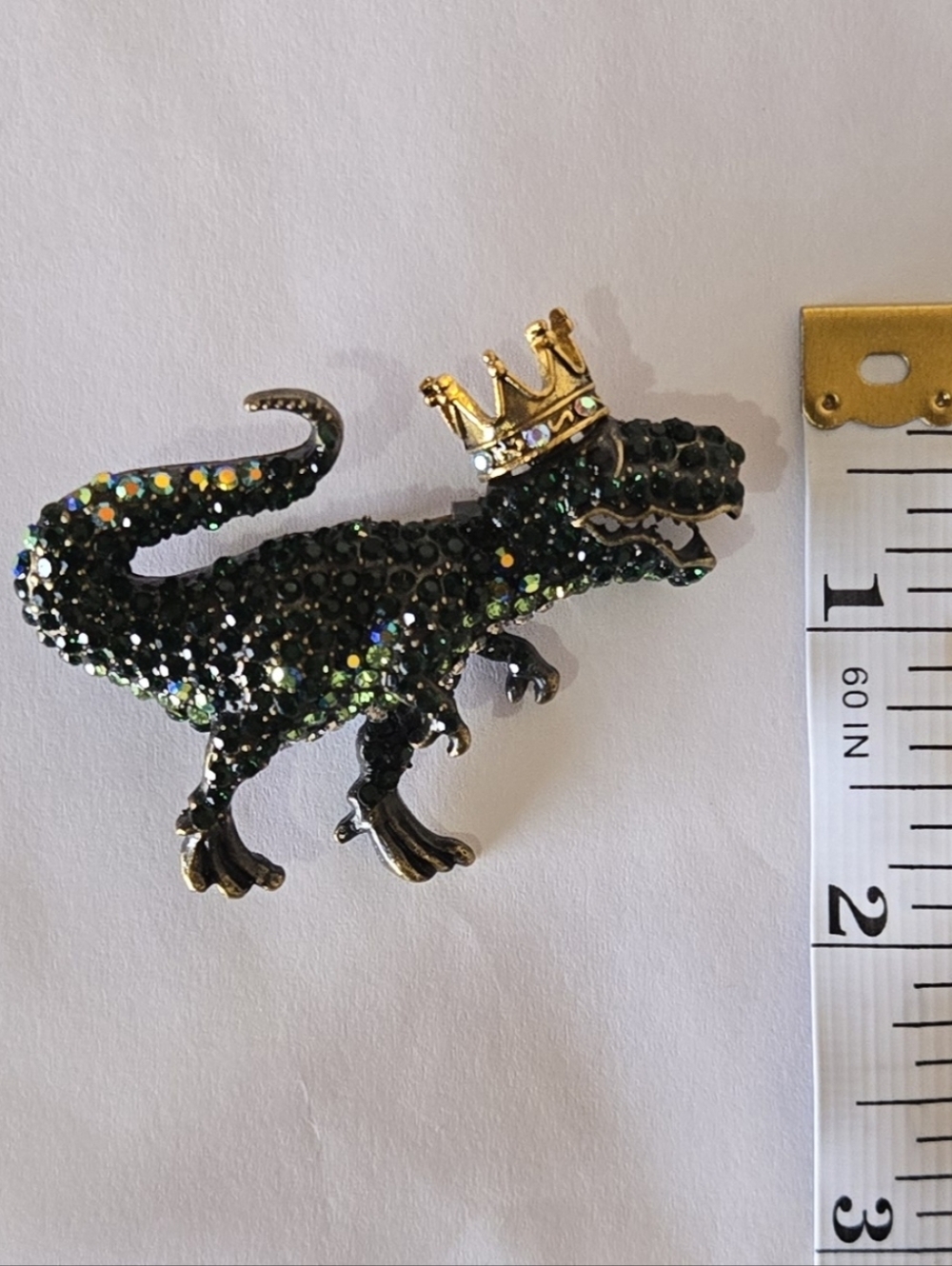 Crowned Green Crystal T-Rex Brooch - Decorative Pin. - Picture 3 of 6